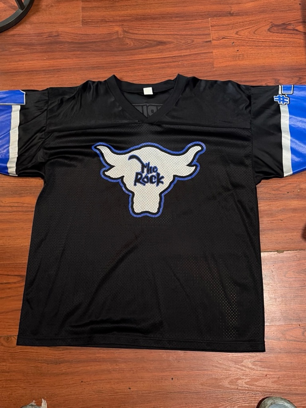 Black 'The Rock' Bull Logo Mesh Jersey with Blue Accents